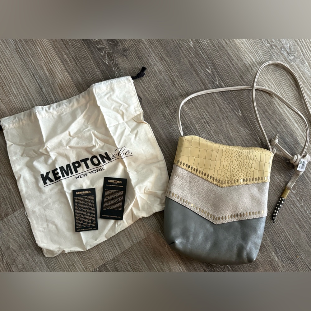 KEMPTON & CO Crossbody Leather Bag Chevron Gold Accents Butter Yellow & Gray